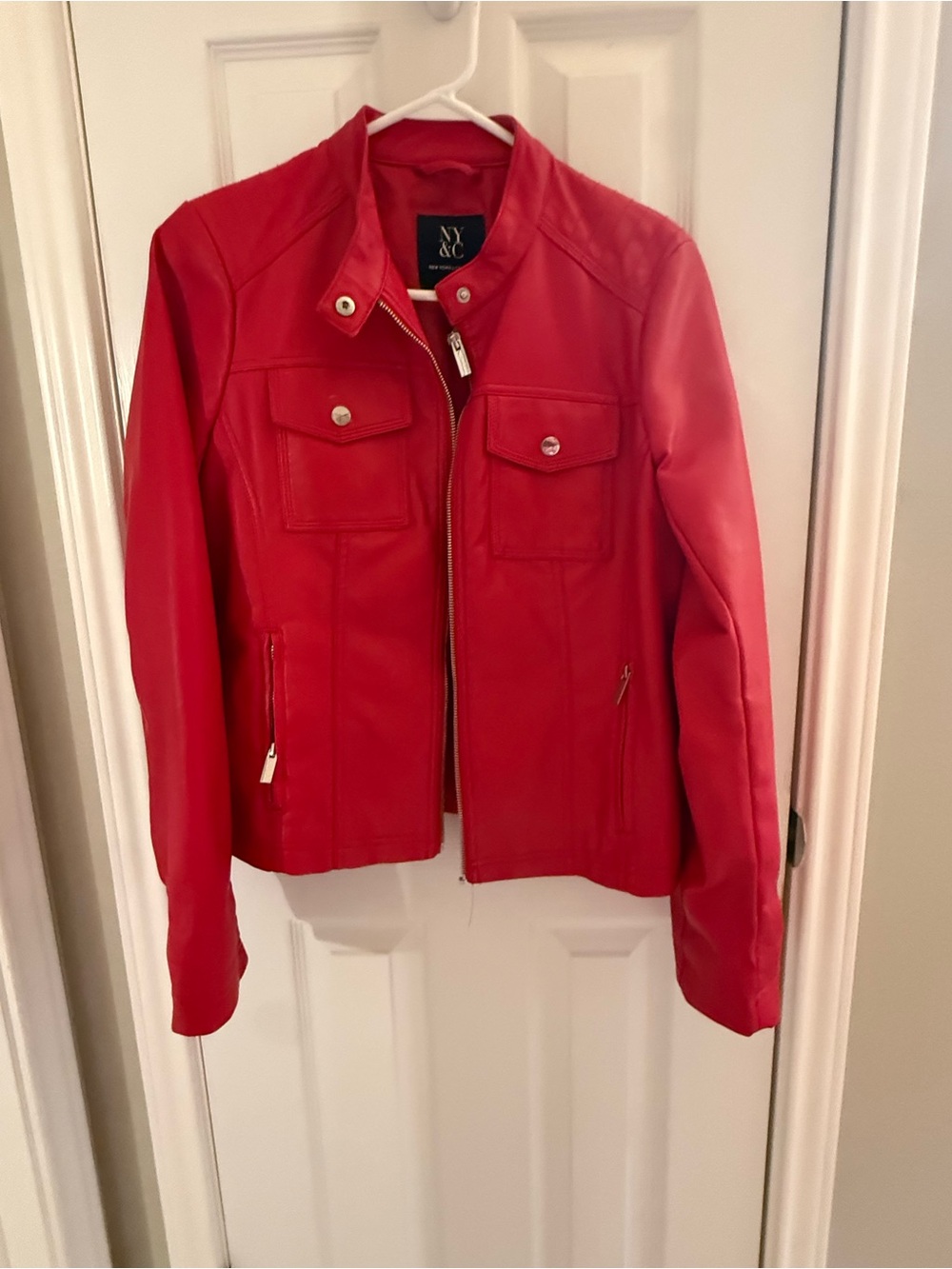 New York & Company Red Faux Leather Moto Jacket with Zip Pockets
